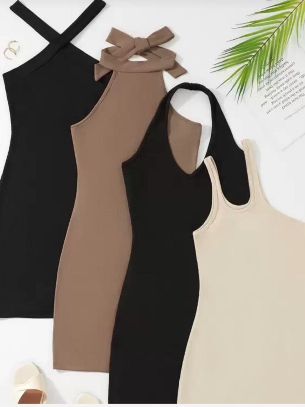 SET of Ribbed Halter & Tank Dress Set in Black, Brown, Cream